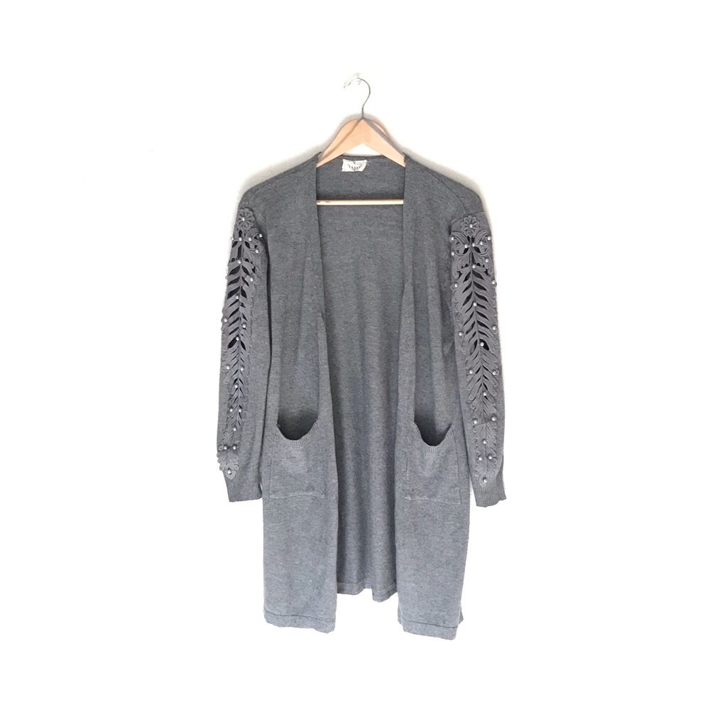Herringbone Pearl-Studded Cut-Out Sleeve Gray Longline Cardigan - M